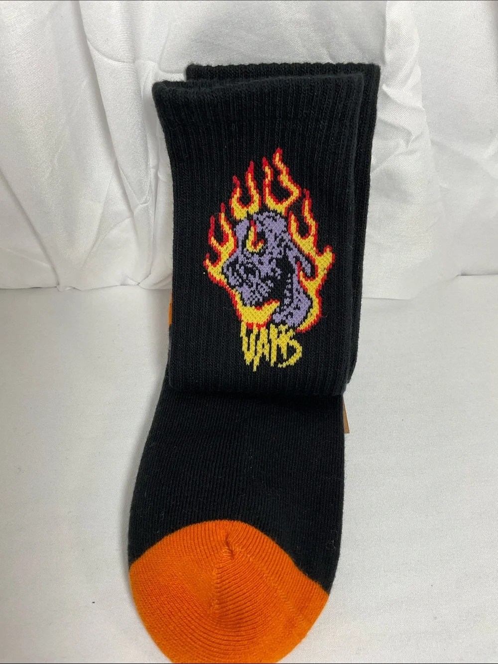 Vans Black Crew Socks with Purple Skull and Red-Orange Flames